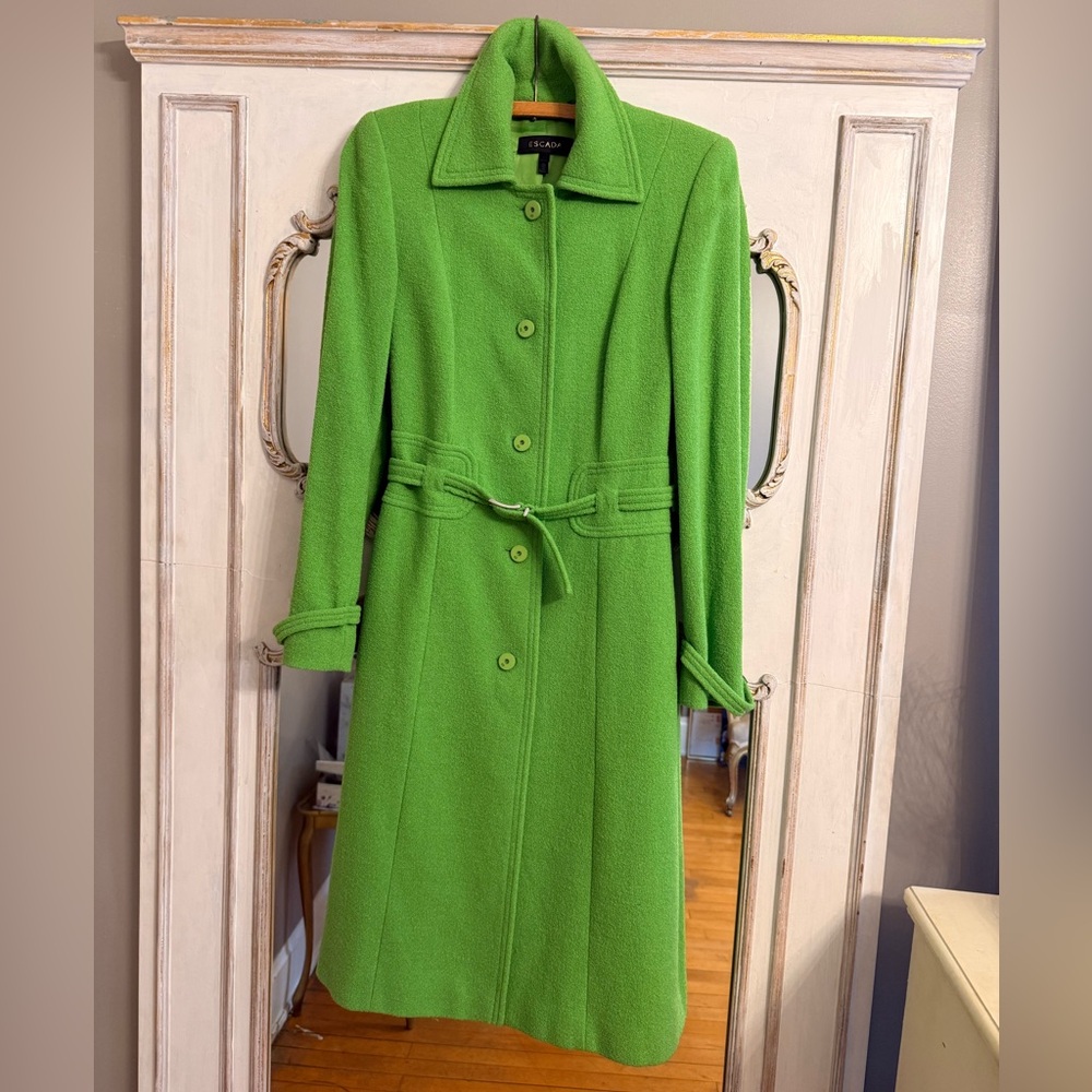 Vintage Escada Green Long Belted Tailored Coat EU 34 US 4 Perfect Condition